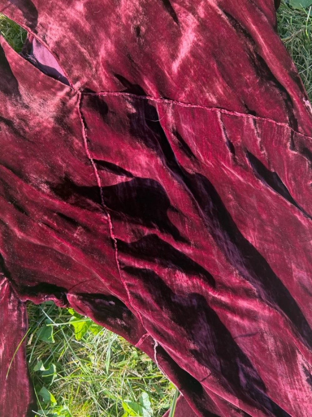 SOLD 30s VINTAGE Textured Velvet Burgundy Maxi Dress with Flutter Sleeves - Picture 4 of 8